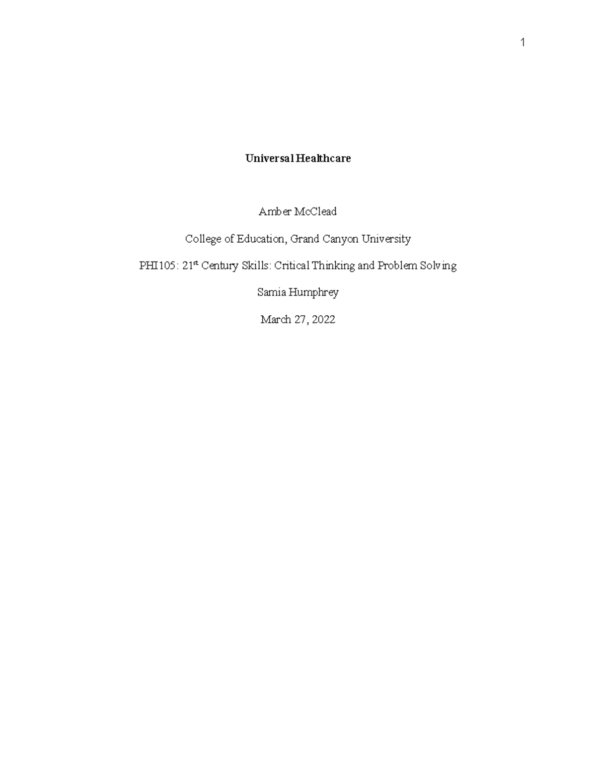 Amber Mc Clead final draft - Universal Healthcare Amber McClead College ...
