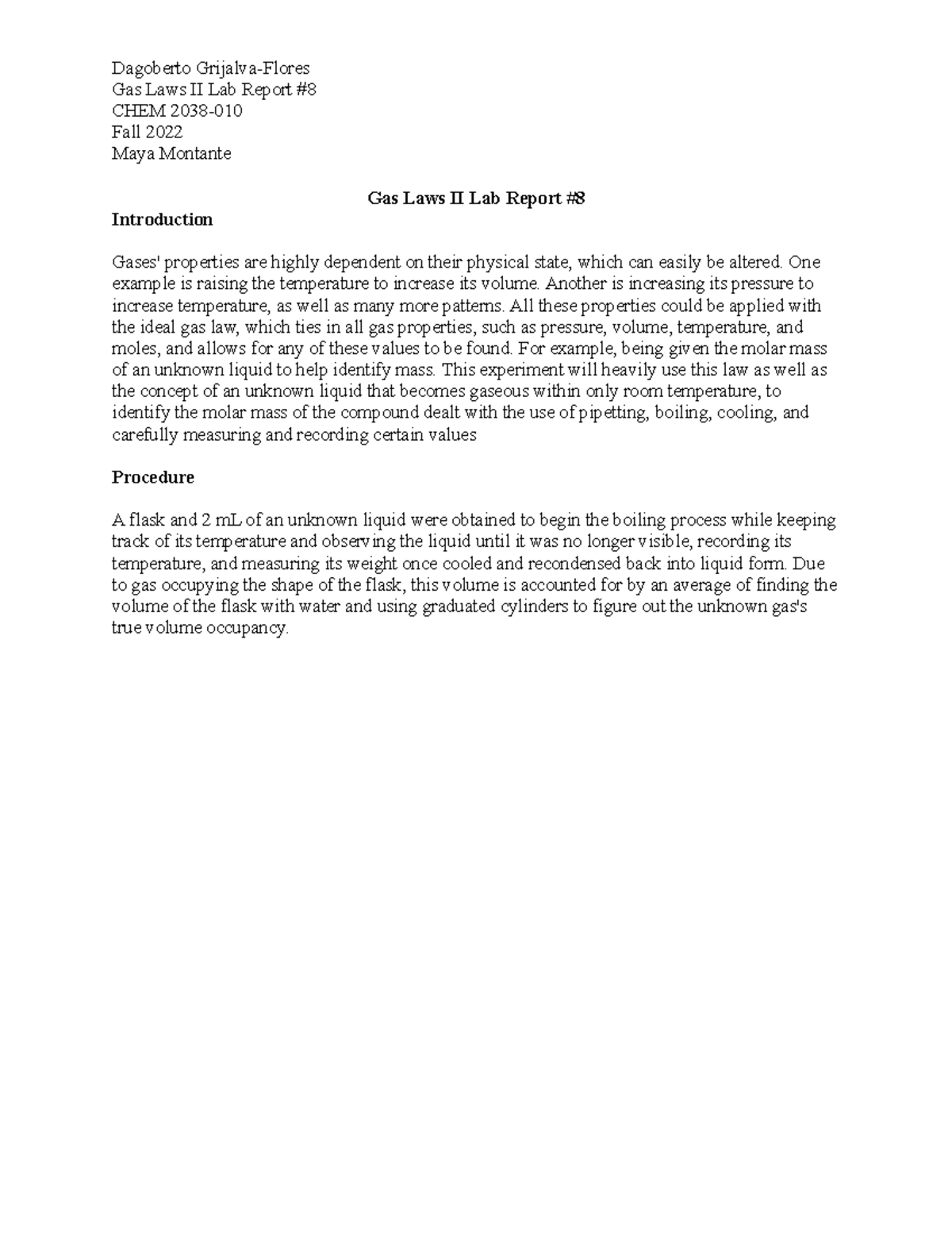 Chem2038010 Gas Laws IIPost Lab8 Gas Laws II Lab Report CHEM 2038