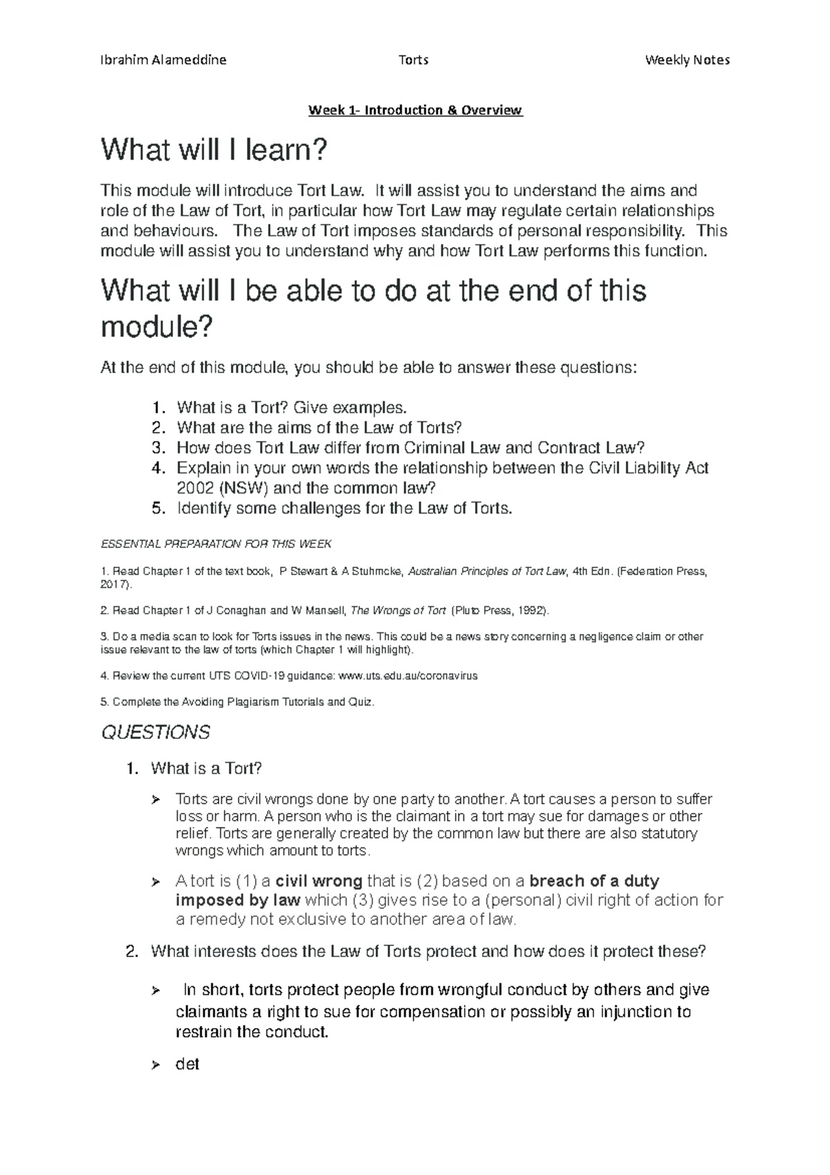 Torts Weekly Notes University of Technology Sydney - Week 1 ...