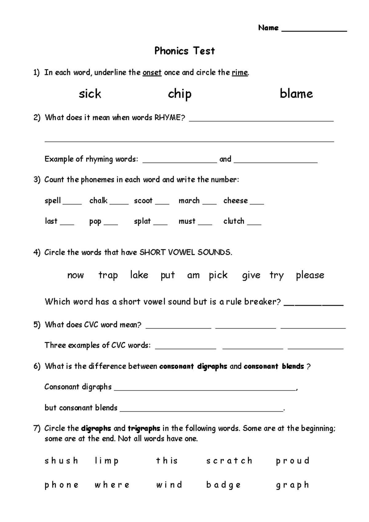 Phonics Study Guide 3750 Name ______________ Phonics Test 1) In each