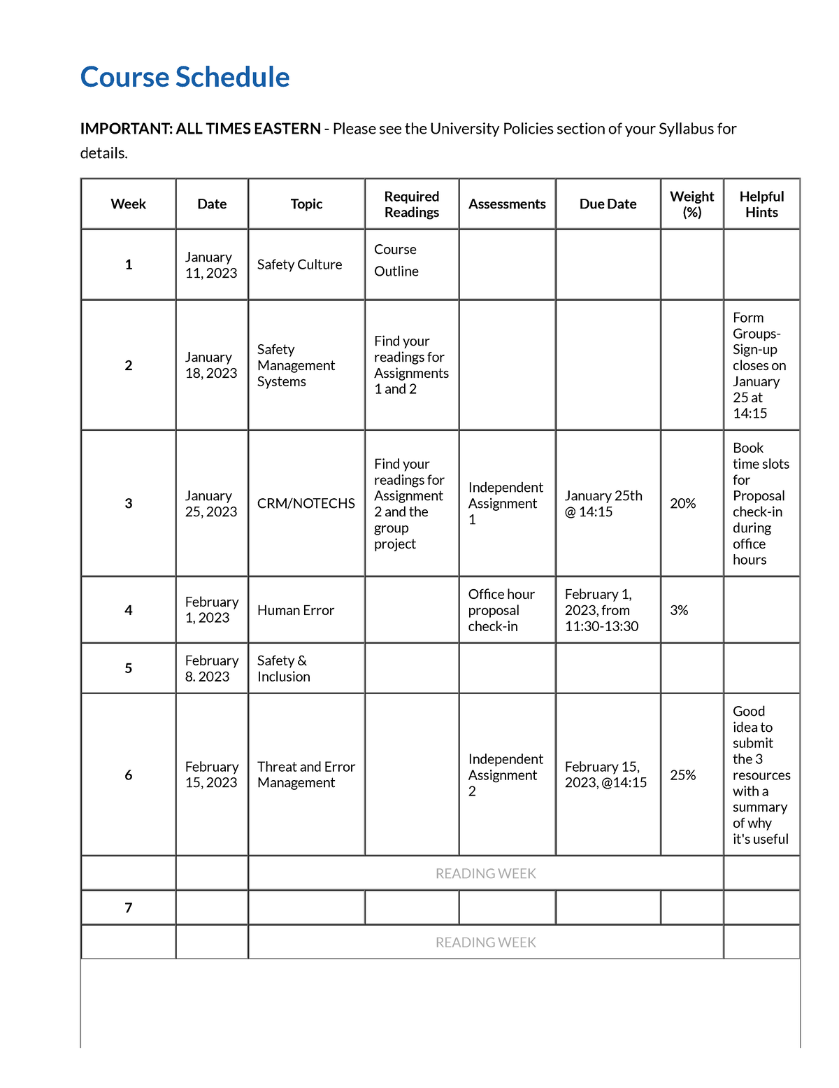 Course Schedule and Assignments - Course Schedule IMPORTANT: ALL TIMES ...