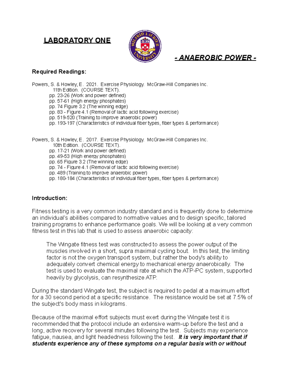 KP 322 Lab 1 Wingate 2022 LABORATORY ONE ANAEROBIC POWER Required Readings Powers, S