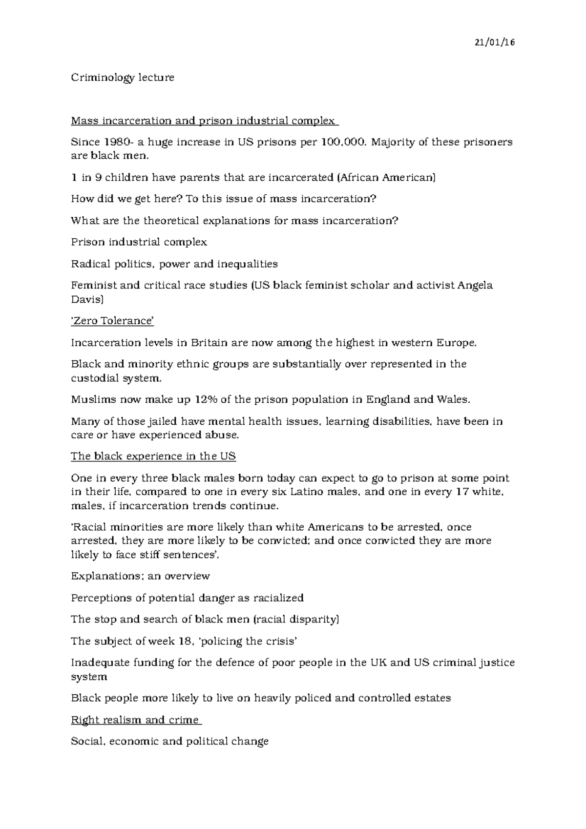 Criminology lecture zero tolerance 21/01/16 Criminology lecture Mass