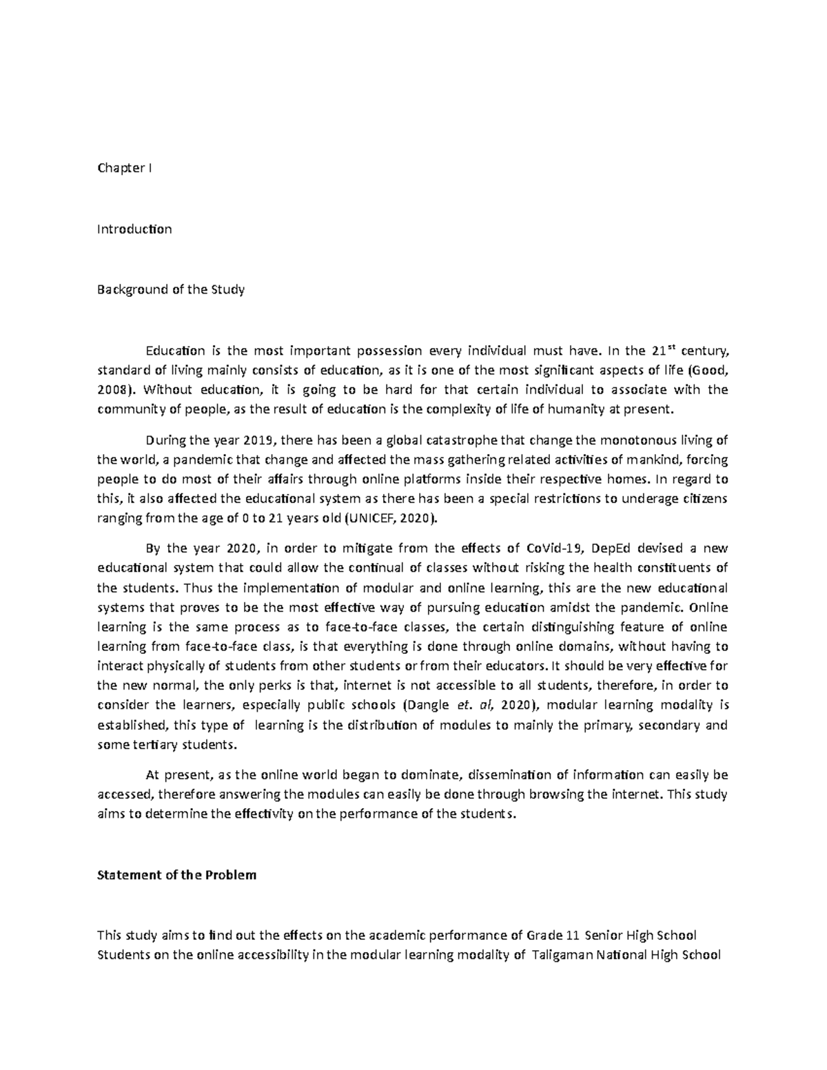 Document-11 - Chapter I Introduction Background of the Study standard ...