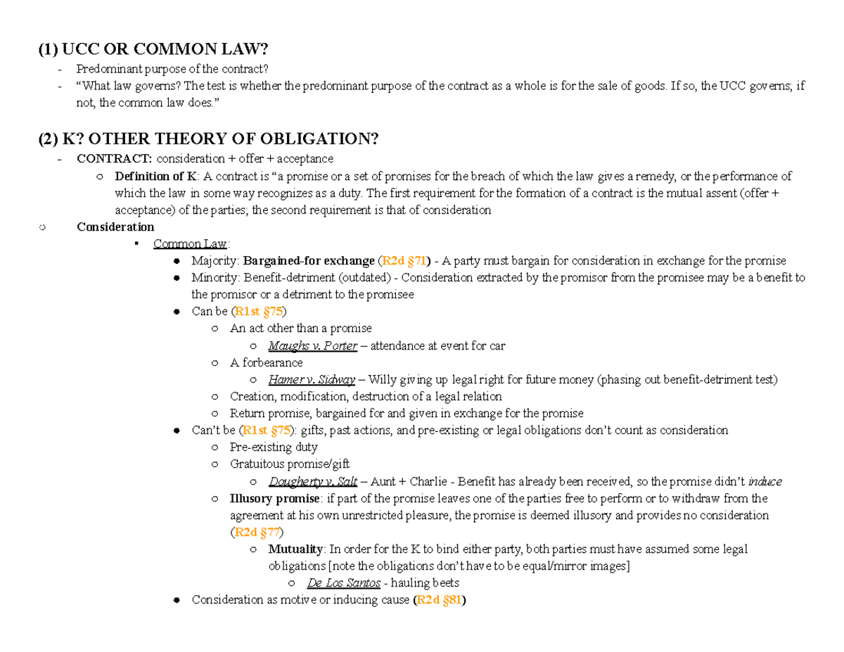 K attack outline - (1) UCC OR COMMON LAW? Predominant purpose of the ...