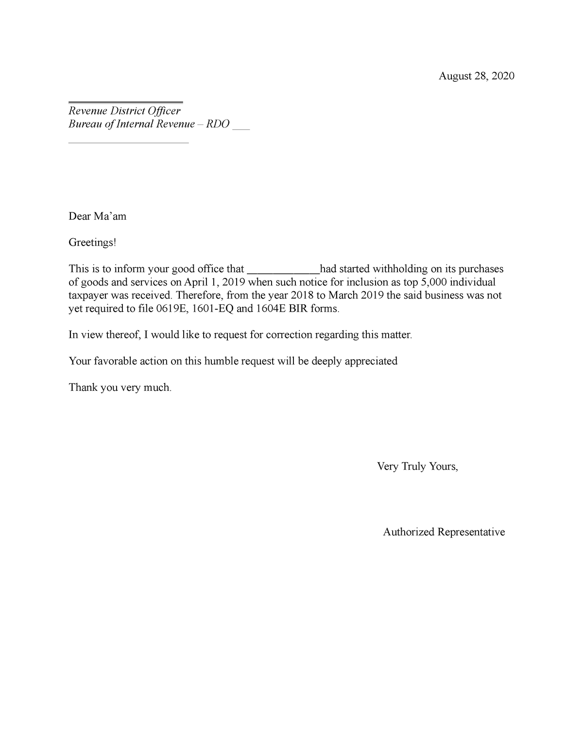 Sample letter for correction - August 28, 2020 Revenue District Officer ...
