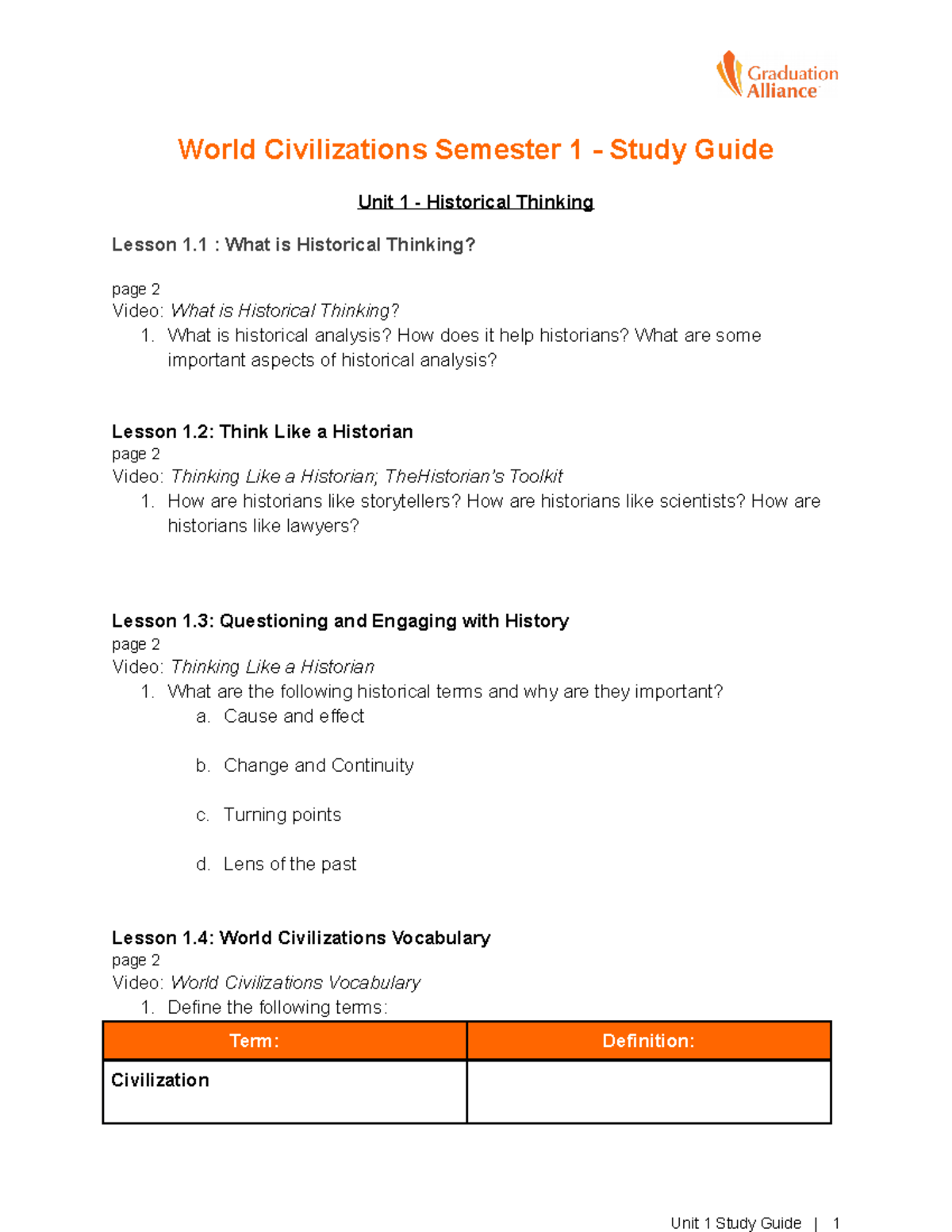 Copy Of WCS1 Unit 1 Study Guide - World Civilizations Semester 1 ...