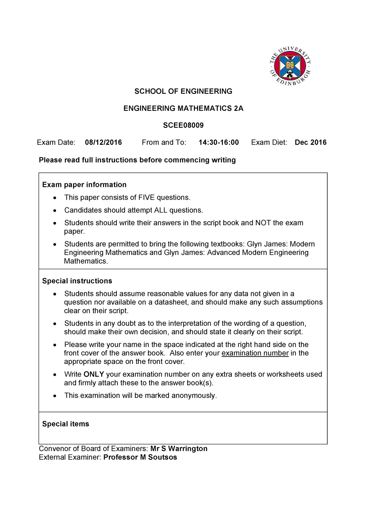 Exam 16 May 2016, Questions - SCHOOL OF ENGINEERING ENGINEERING ...