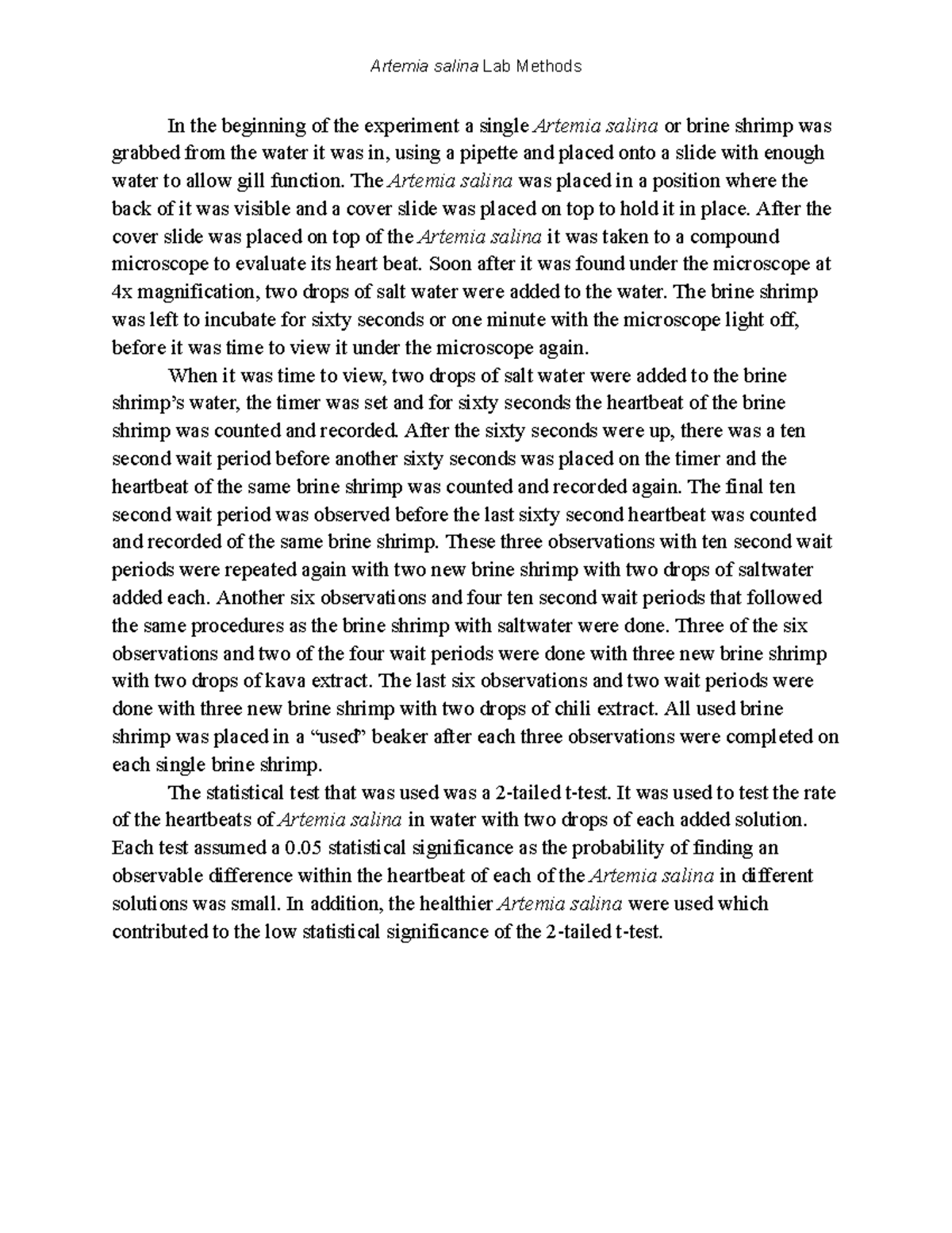Artemia salina Lab Methods - The Artemia salina was placed in a ...