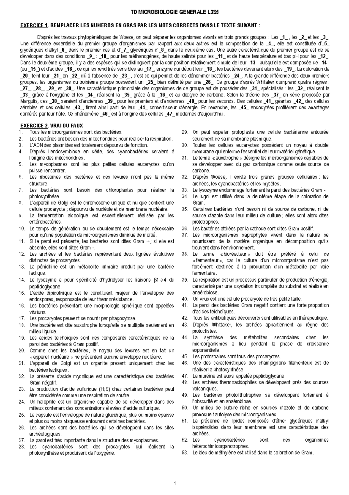 TD Microbio GÃ©n Ã©rale L3S5 - EXERCICE 1. REMPLACER LES NUMEROS EN ...