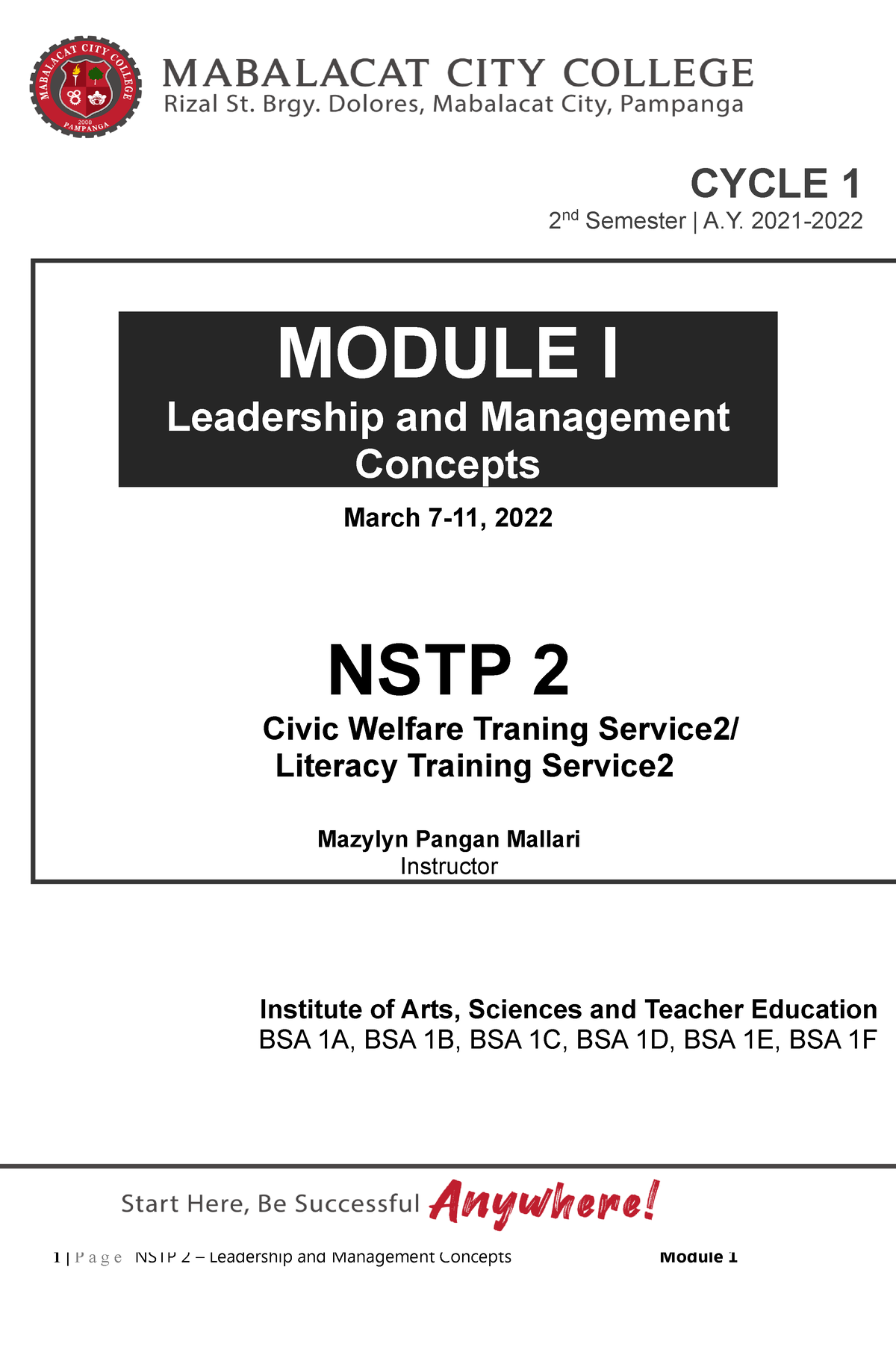 Nstp 2 Module 1 Civil Service Training Programs 1 Cycle 1 2nd Semester A Module I Leadership 8705