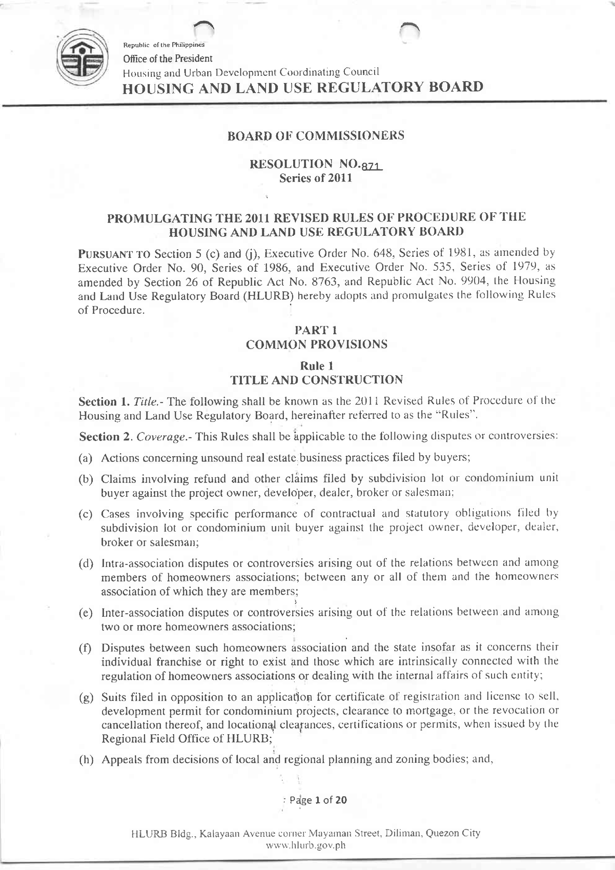 2011 Hlurb Rules - Law - Republic Of The Philippines Office Of The 