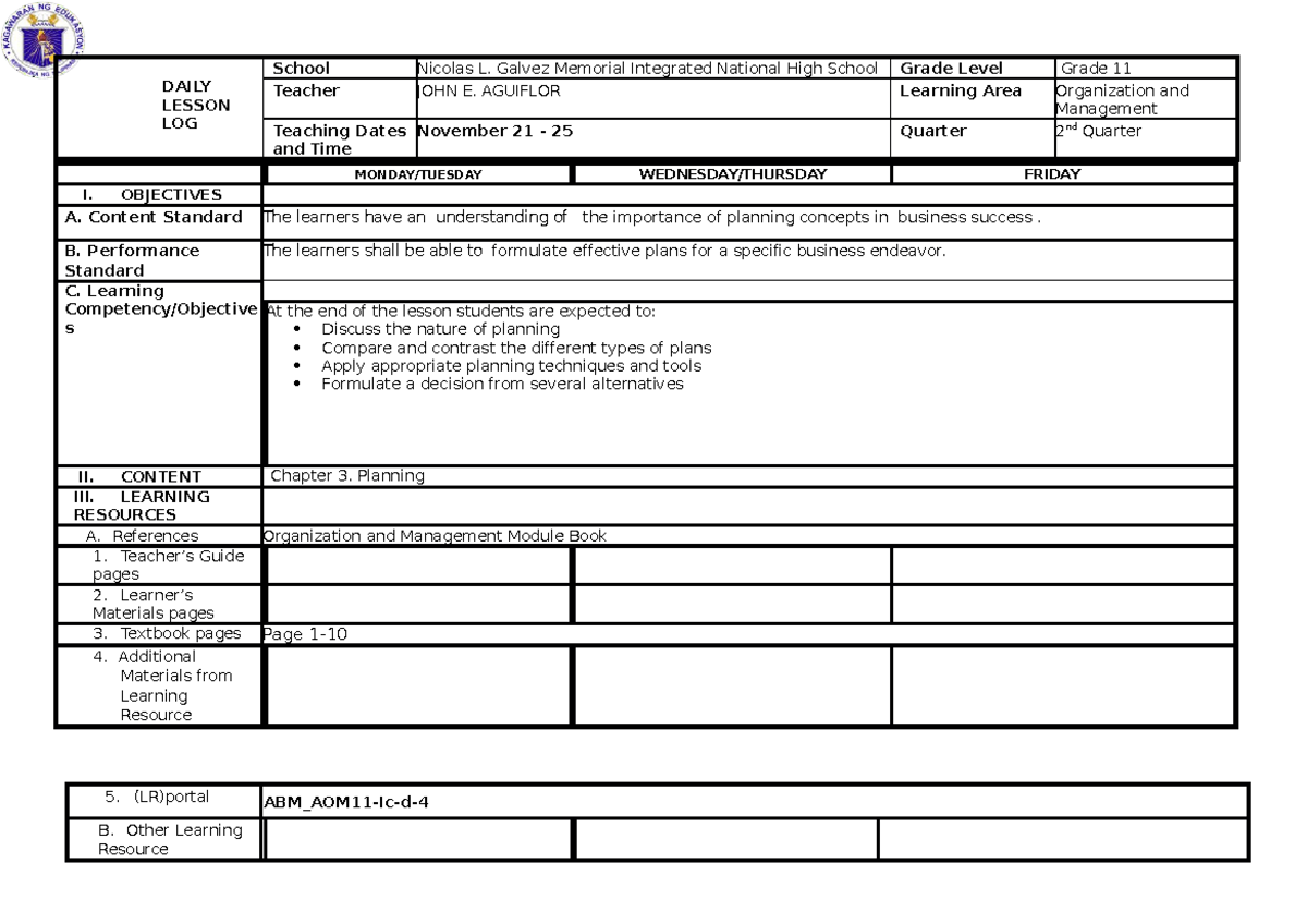 DLL-WEEK-3 - DAILY LESSON LOG- Q2 - DAILY LESSON LOG School Nicolas L ...