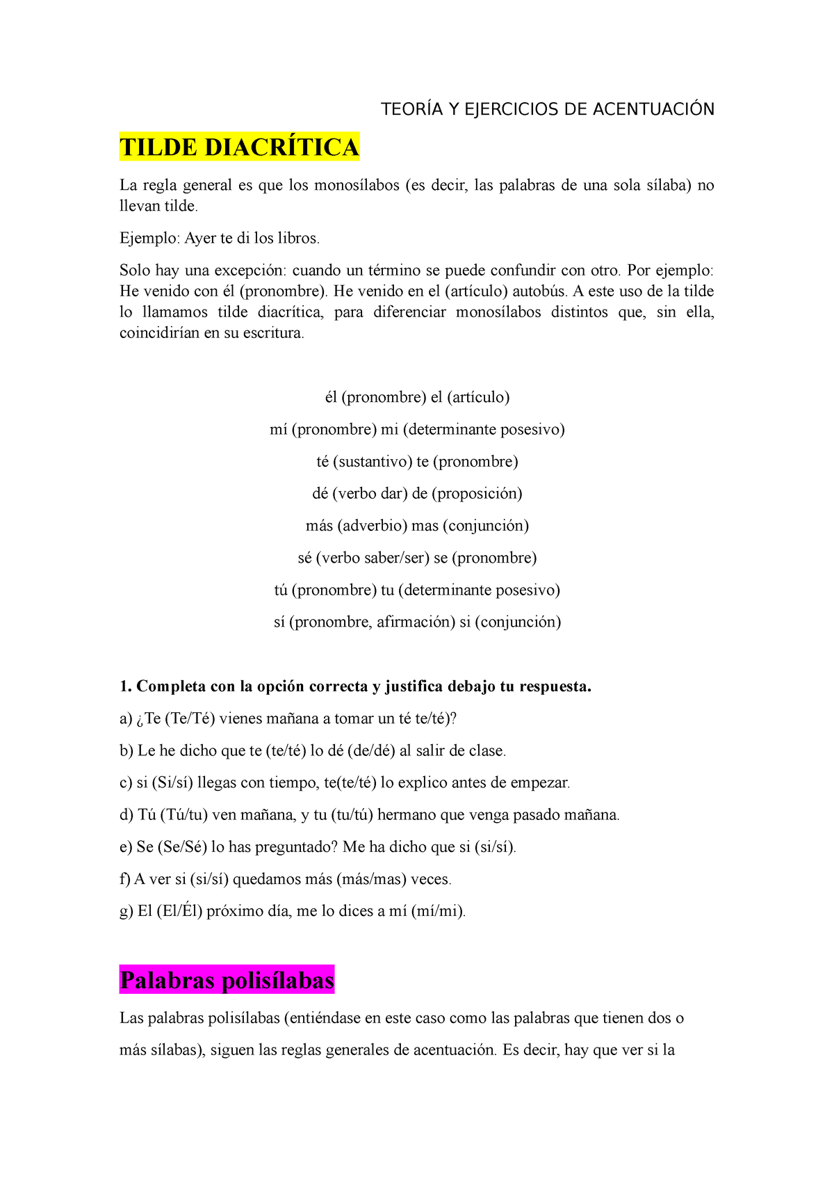 Tilde Diacrítica - TEORÍA Y EJERCICIOS DE ACENTUACIÓN TILDE DIACRÍTICA ...