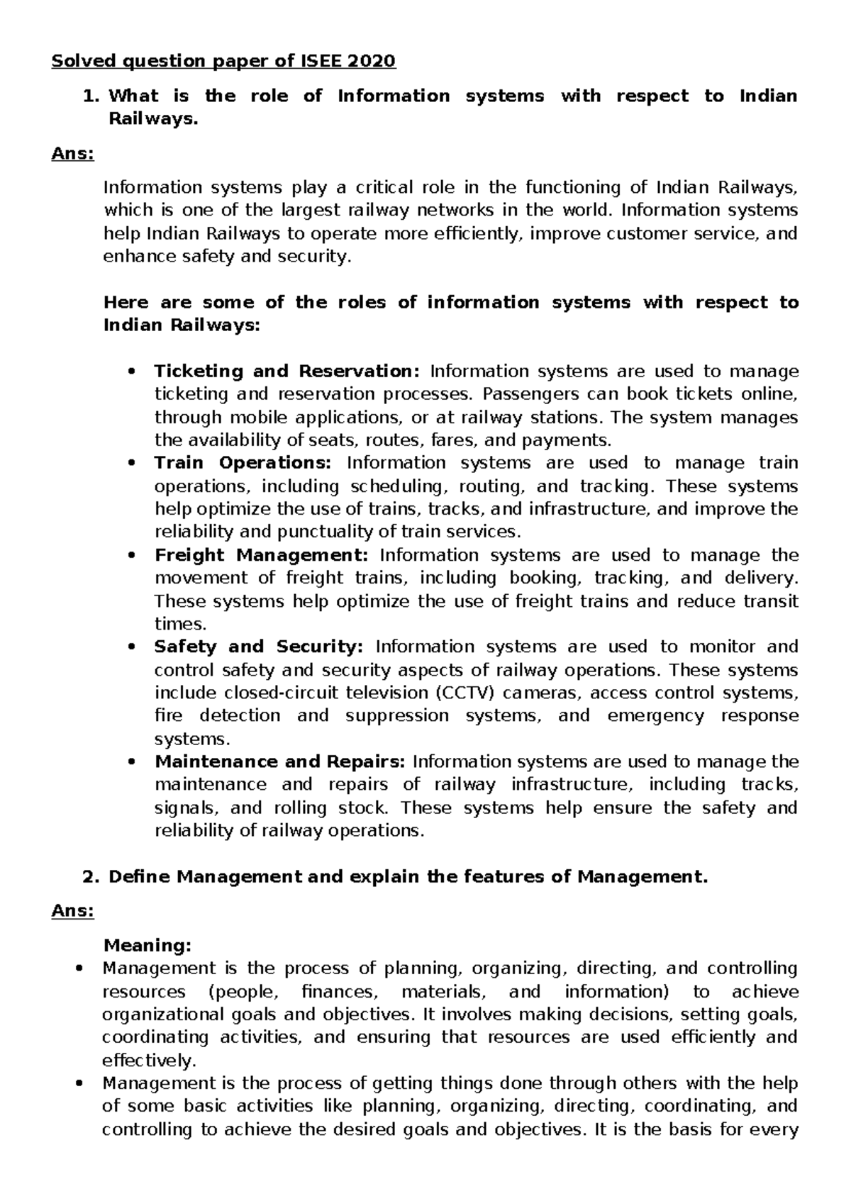 Solved question paper of ISEE 2020 - What is the role of Information ...
