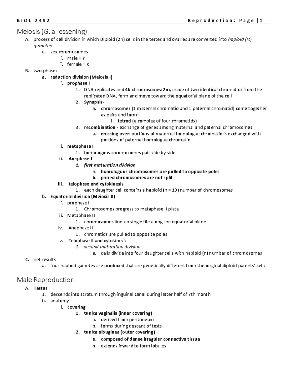 10 - Reproductive systems - Meiosis (G. a lessening) A. process of cell ...