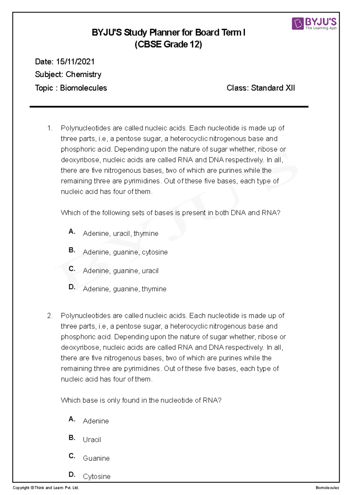 CBSE Class 12 Chemistry Biomolecules Practice Questions