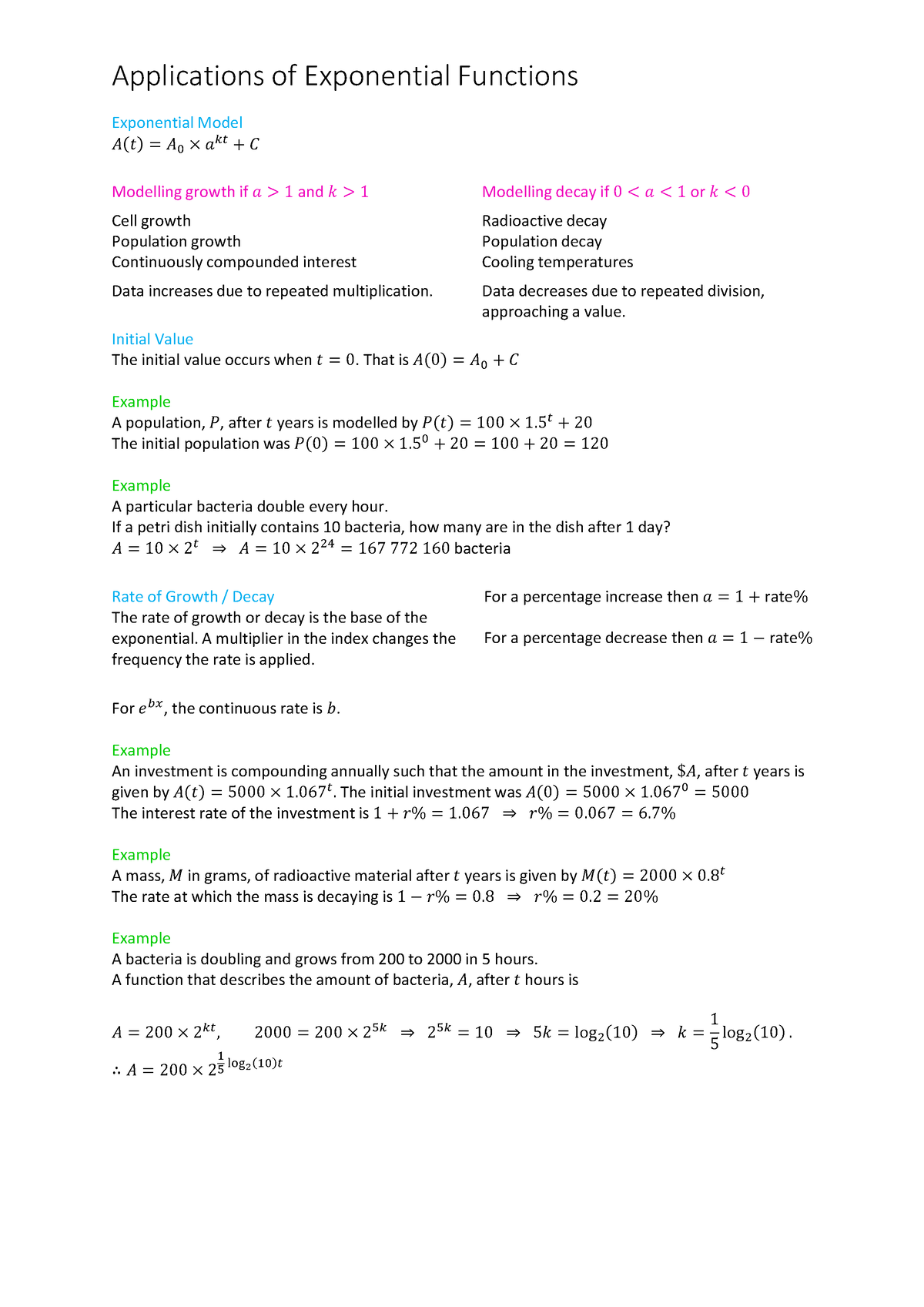 Applications of exponential functions - Exponential Model 𝐴(𝑡) = 𝐴଴ × 𝑎 ...