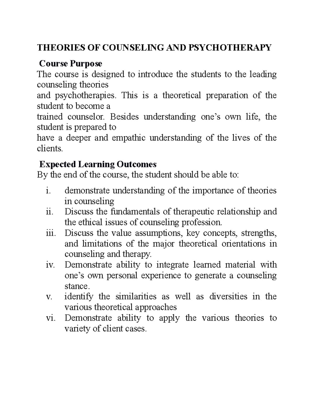 Theories - Course Outline - THEORIES OF COUNSELING AND PSYCHOTHERAPY ...
