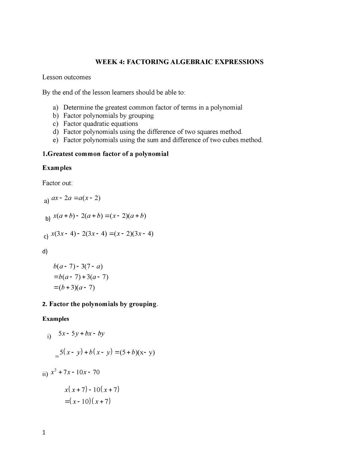 Factoring Polynomials - WEEK 4: FACTORING ALGEBRAIC EXPRESSIONS Lesson ...