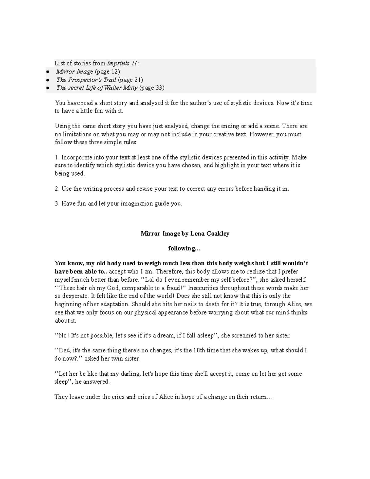 Task 3- Creative Writing - List of stories from Imprints 11: Mirror ...