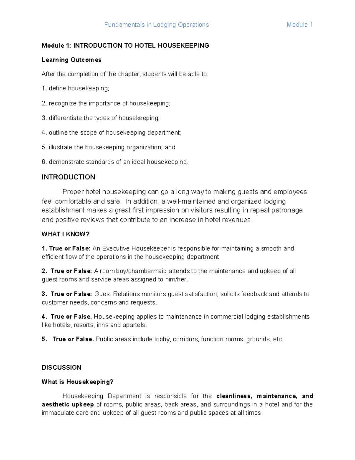 Housekeeping- Module-1 - Module 1: INTRODUCTION TO HOTEL HOUSEKEEPING ...