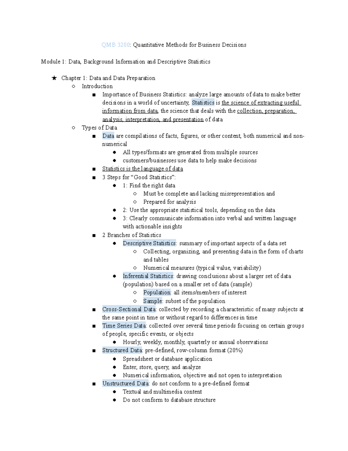 QMB 3200 Chapter 1 Notes - QMB 3200: Quantitative Methods For Business ...