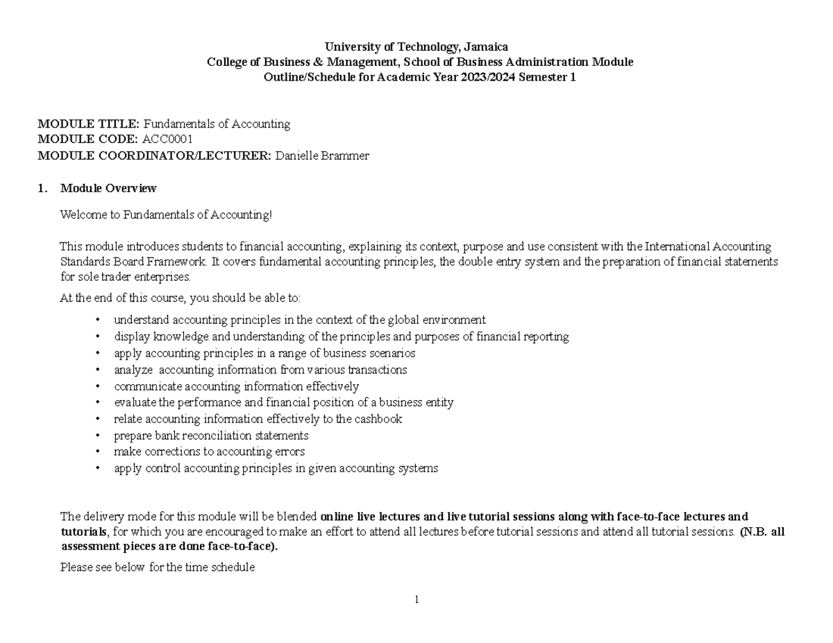Fundamentals of Accounting AY202324 Course Outline 2 University