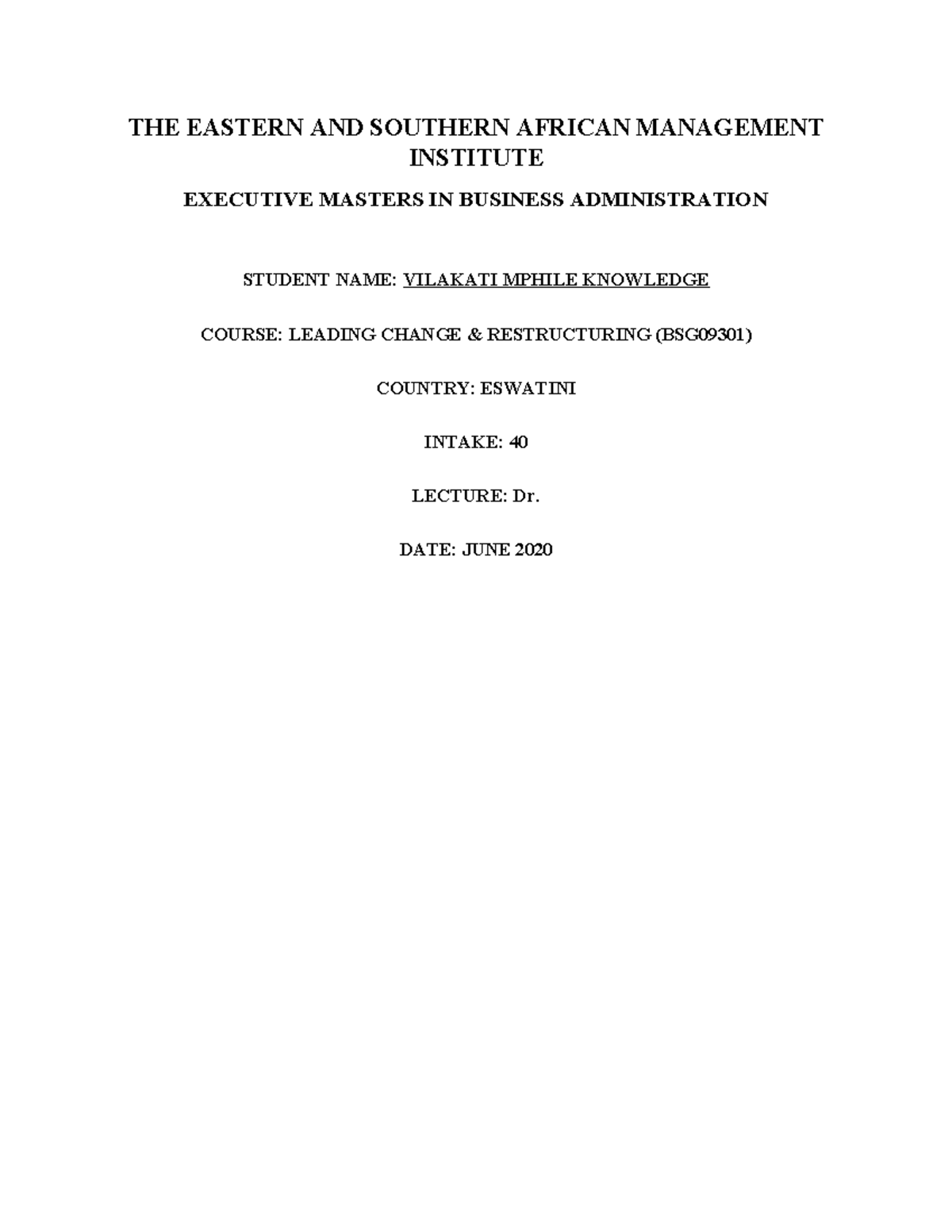 Project paper leading change the eastern and southern african