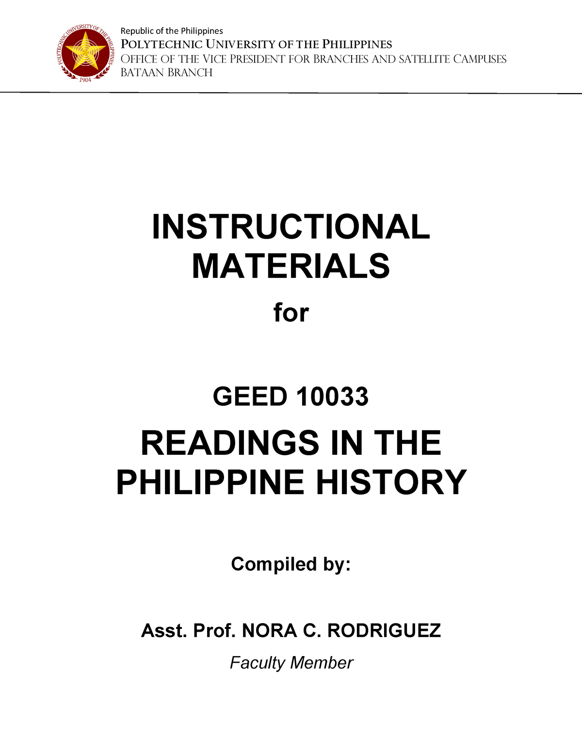 Im Geed 10033 Readings In The Philippine History Rodriguez 2 Polytechnic University Of The 9074