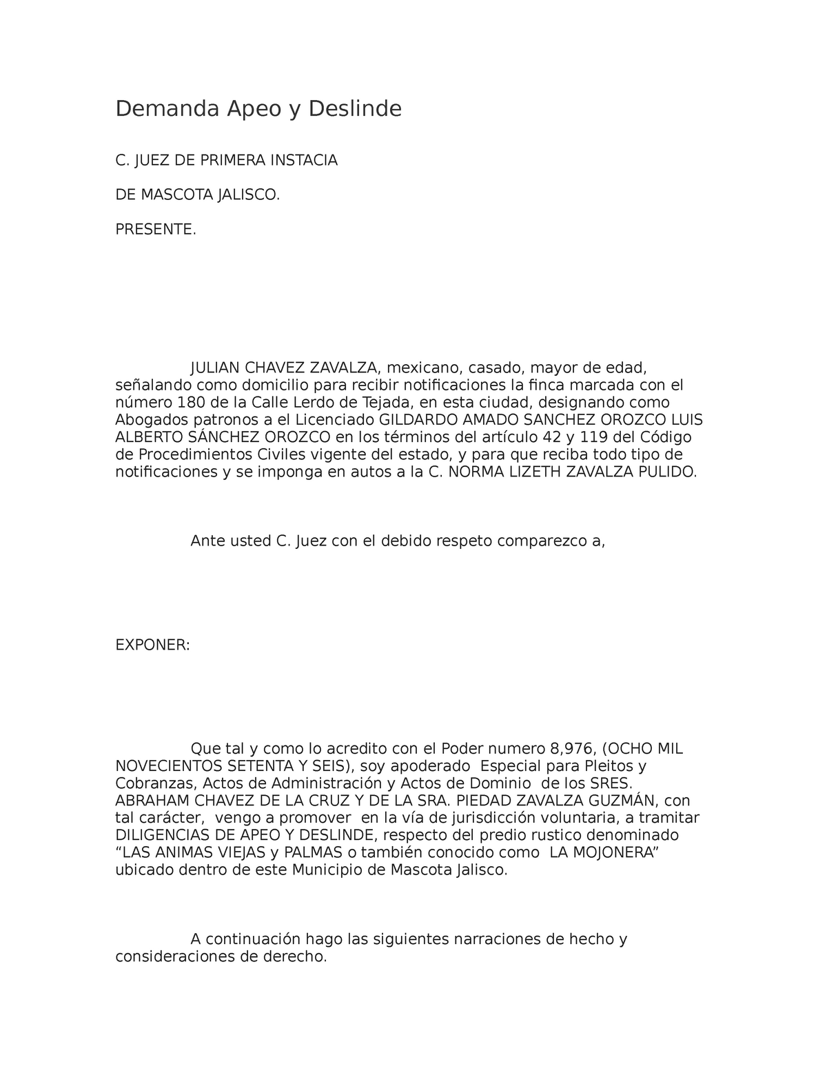 Demanda Apeo Y Deslinde Juez De Primera Instacia De Mascota Jalisco Presente Julian Chavez 8132