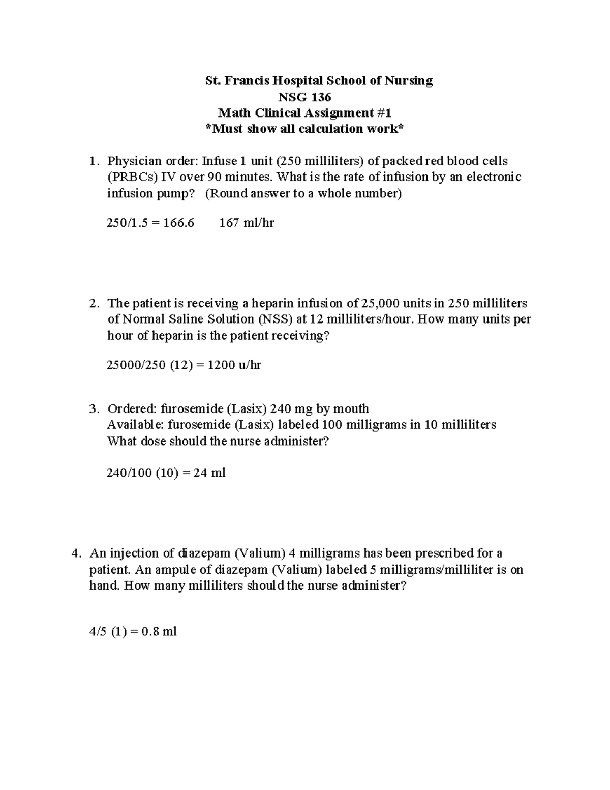 NSG 136 Clinical Math Assignment #1 Student Version - St. Francis ...