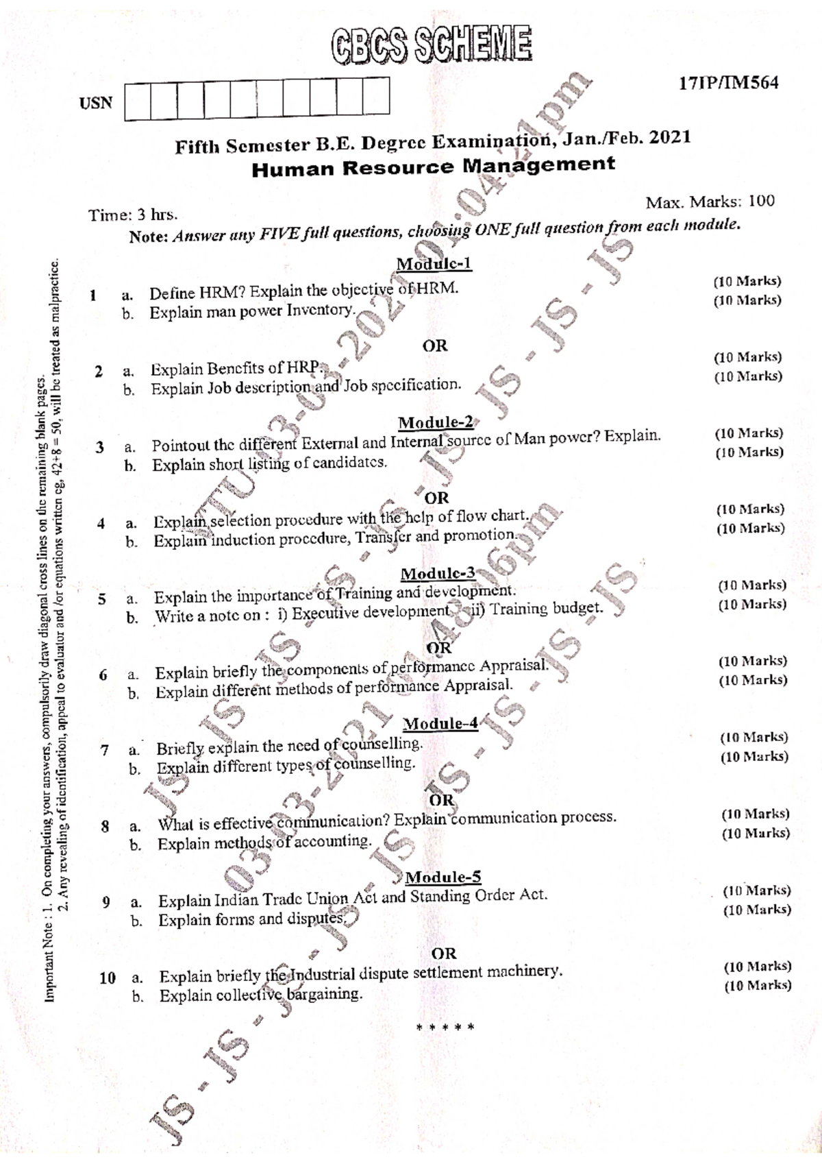 Hrm Question Papers - Important Note 1. On Completing Your Answers 