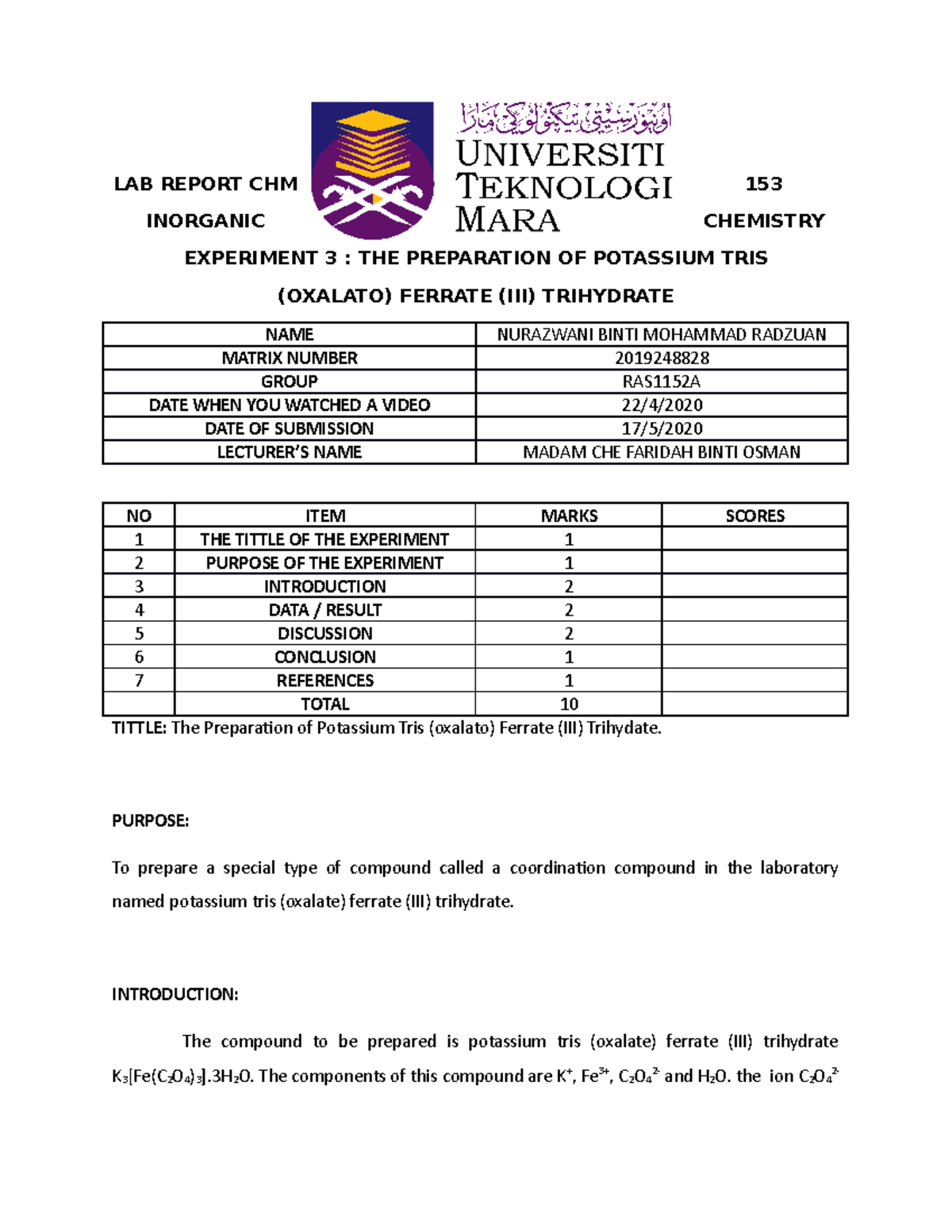 lab report chemistry matriculation experiment 3 semester 1