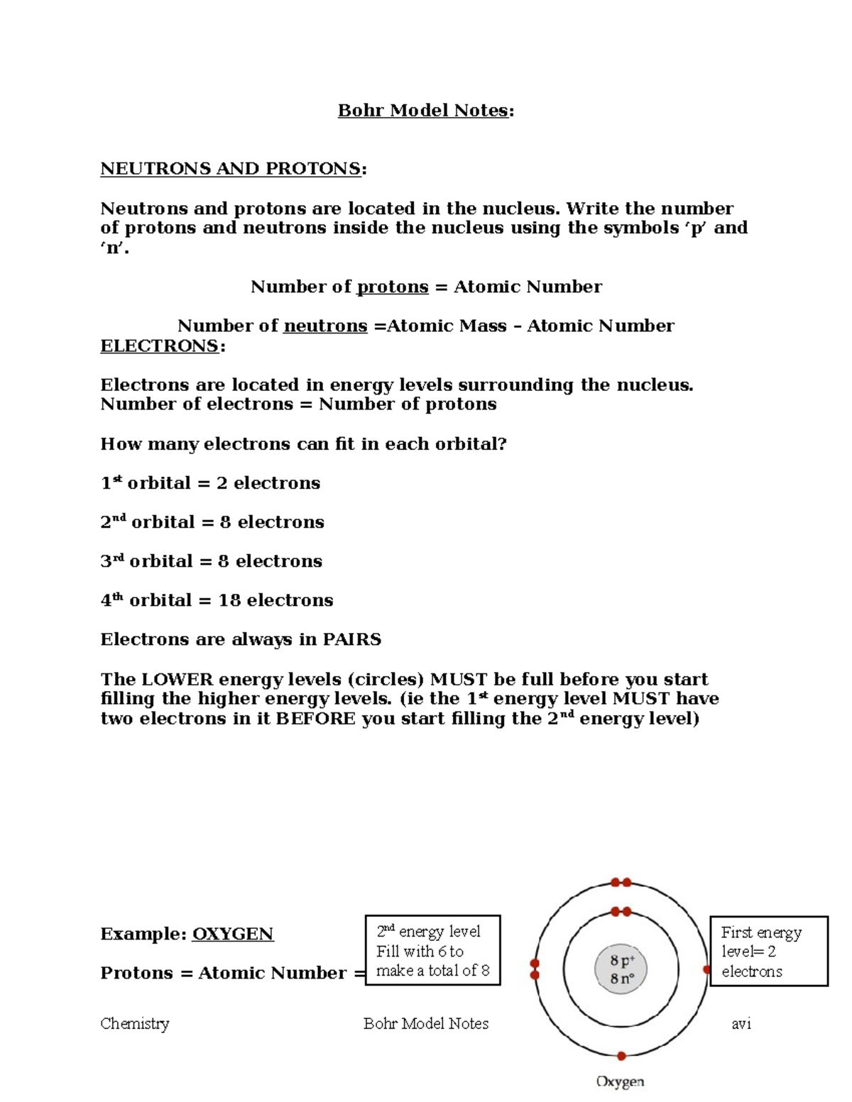 Bohr Model Note Reference - Bohr Model Notes: NEUTRONS AND PROTONS ...