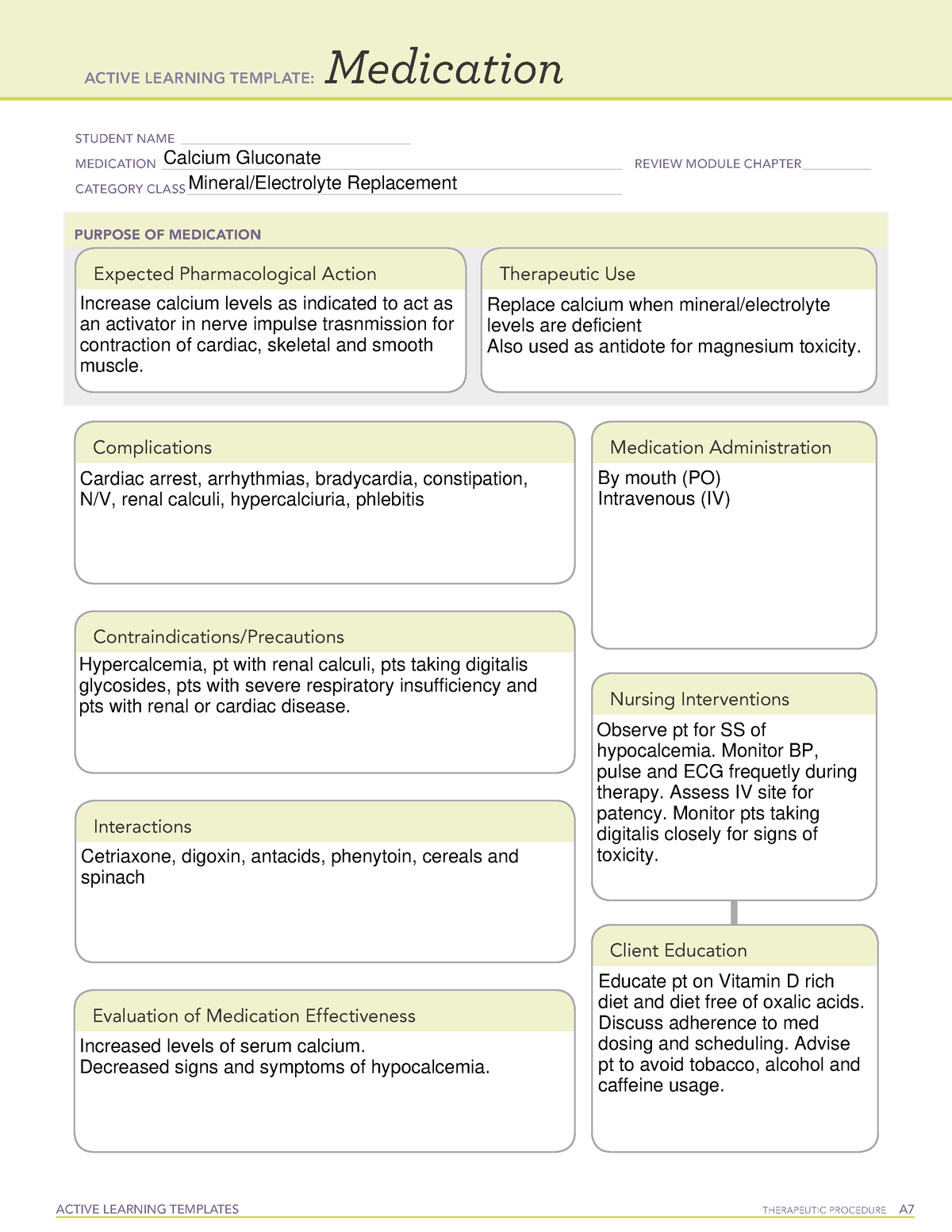 ATI - Calcium Gluconate - Medication - ACTIVE LEARNING TEMPLATES ...