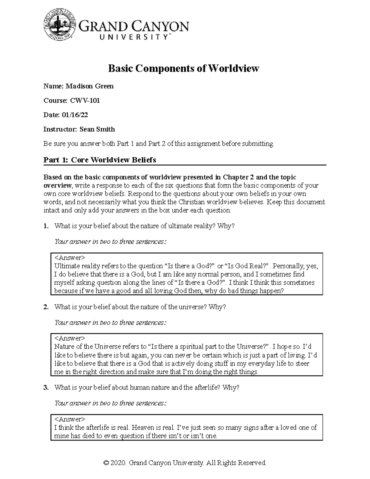 CWV Basic Components of a Worldview Submit - Basic Components of ...