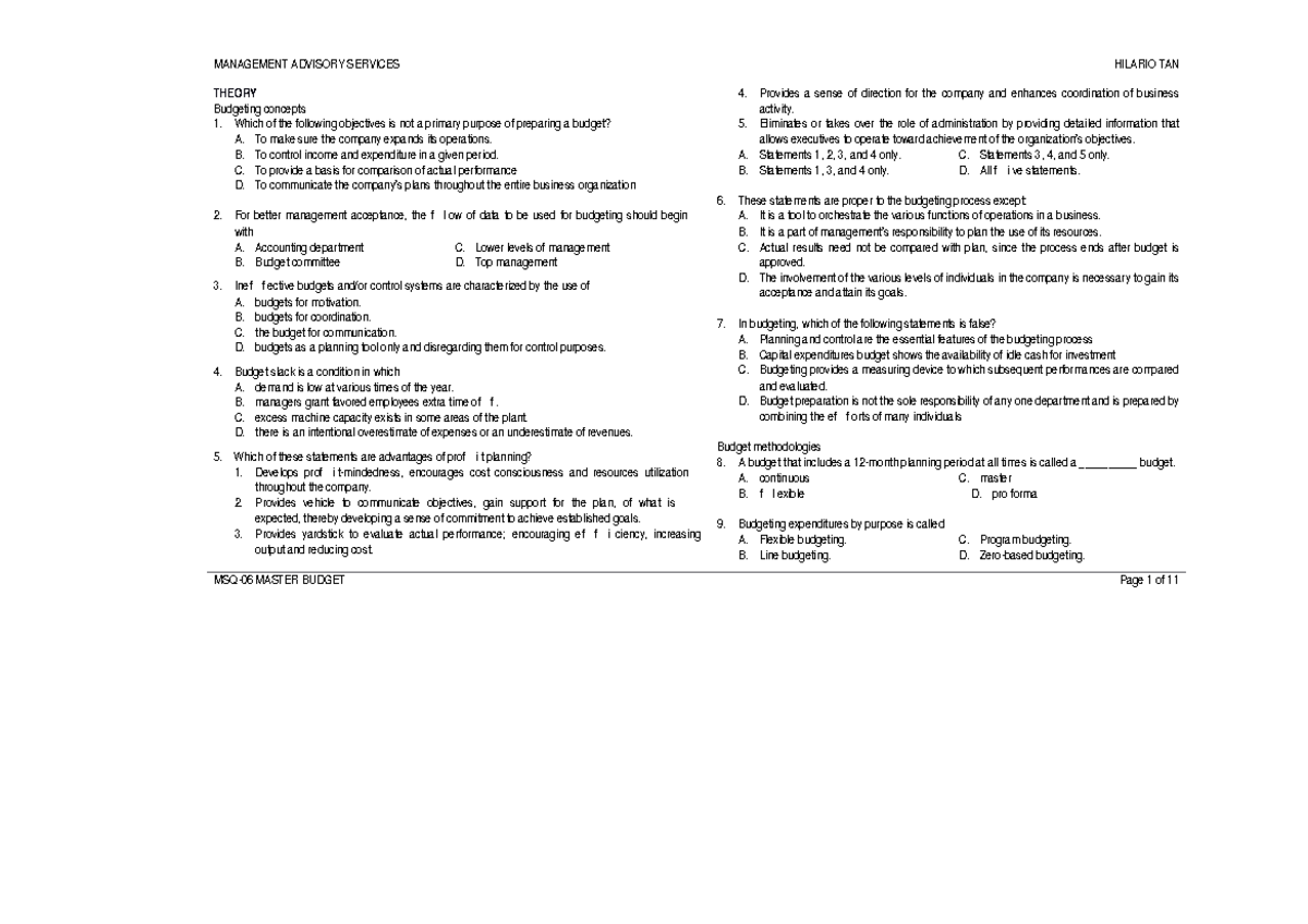 Msq-06-master-budget-test-bank compress - THEORY Budgetingconcepts ...