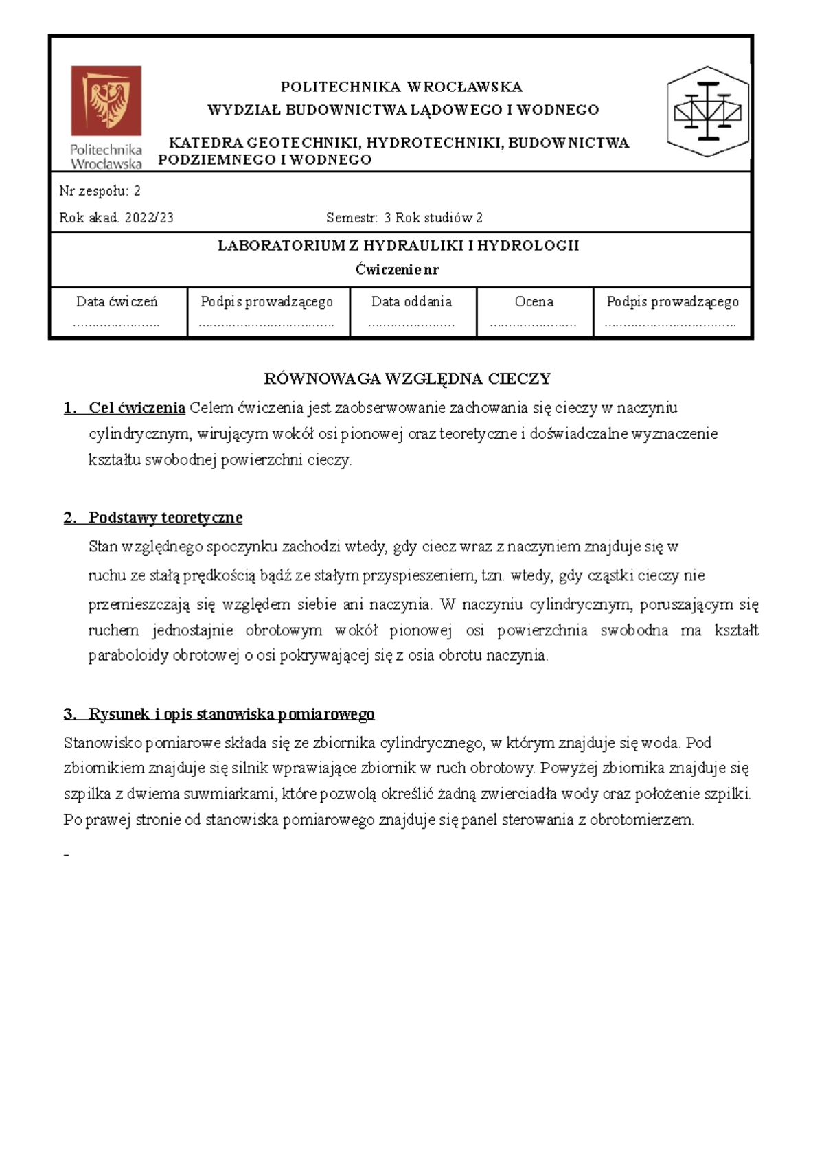 Równowaga WZGLĘDNA Cieczy - POLITECHNIKA WROCŁAWSKA WYDZIAŁ BUDOWNICTWA