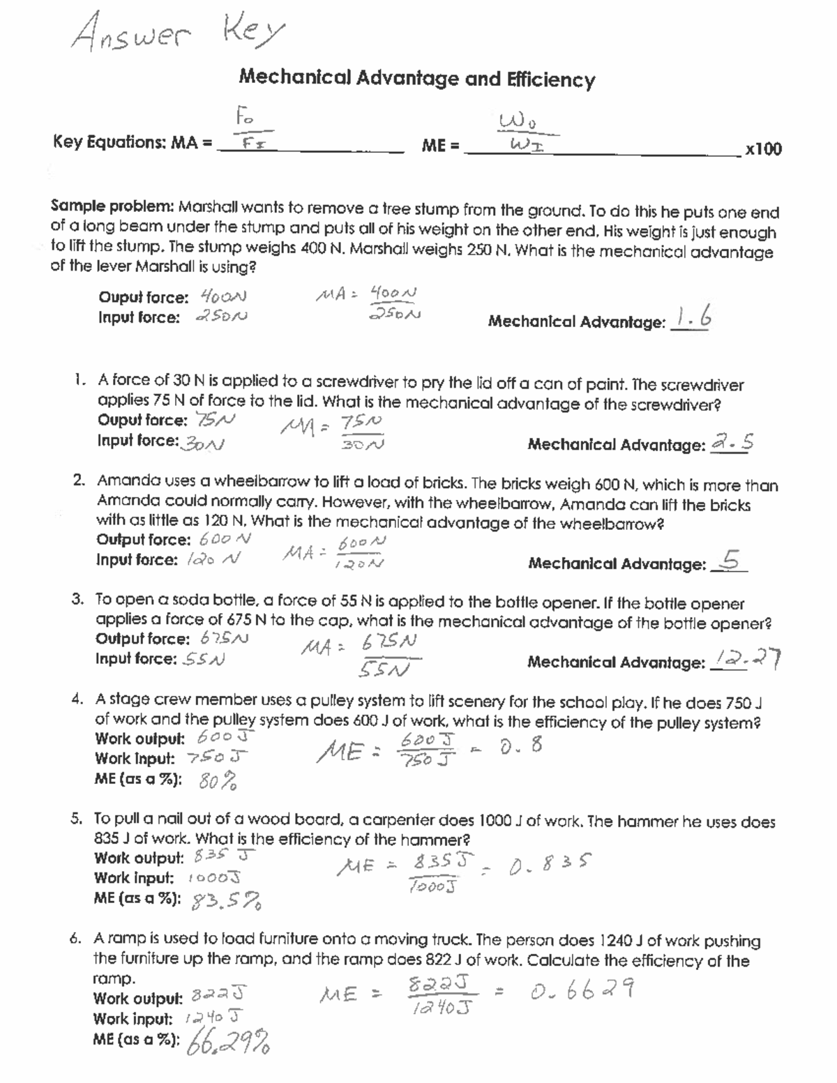 Day 3 Mechanical Advantage and Efficiency Practiceanswer key Studocu