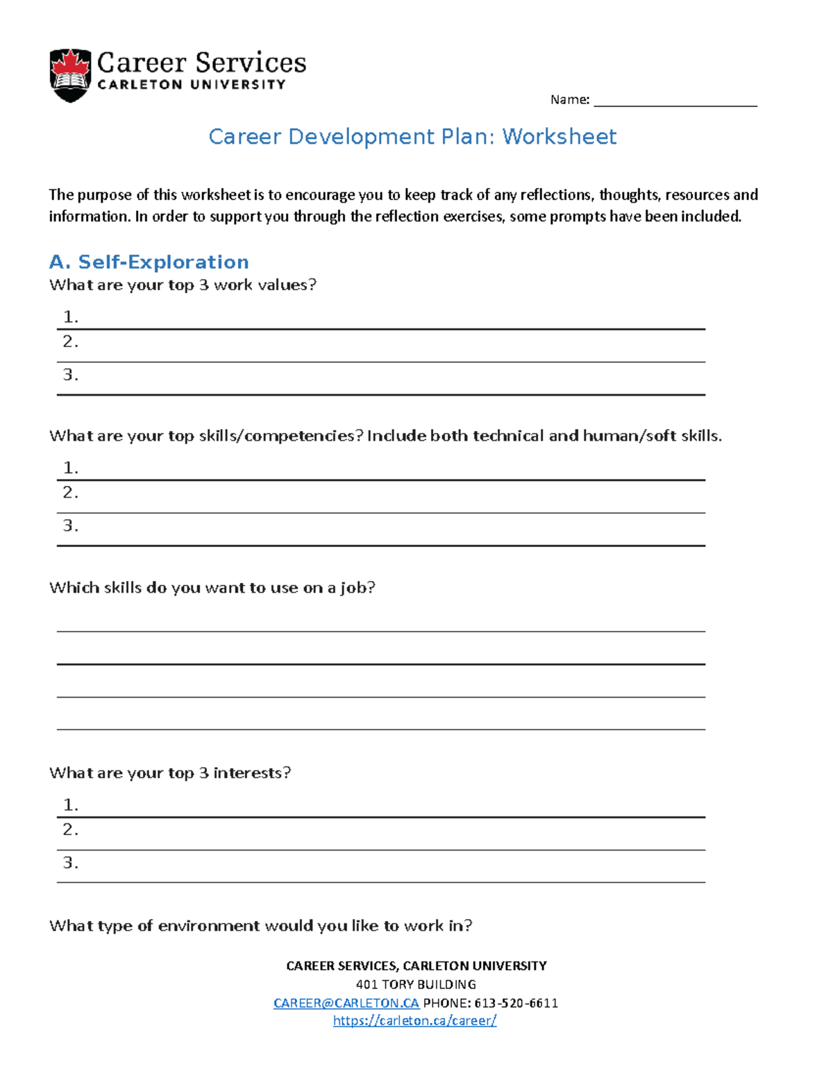 Career Development Plan Worksheet - Name: ______________________ Career ...