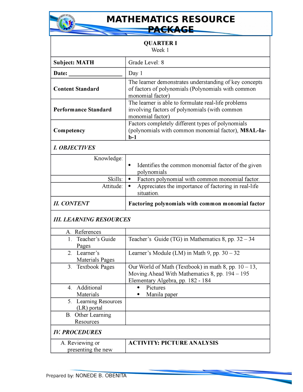 DLL-8 (WEEK 1, DAY 1) - Lecture Notes 1-5 - PACKAGE QUARTER I Week 1 ...