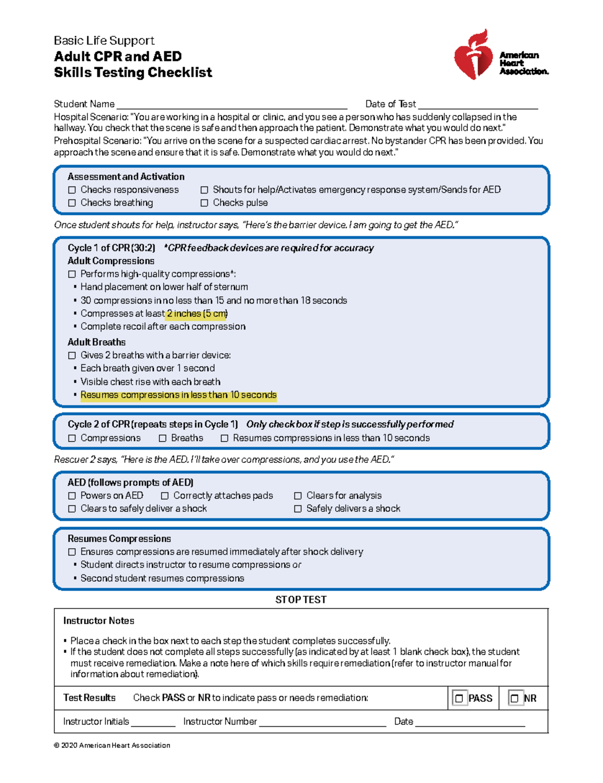 2020 BLS Adult Skills Testing Checklist w Descriptors 1 1 - Basic Life ...