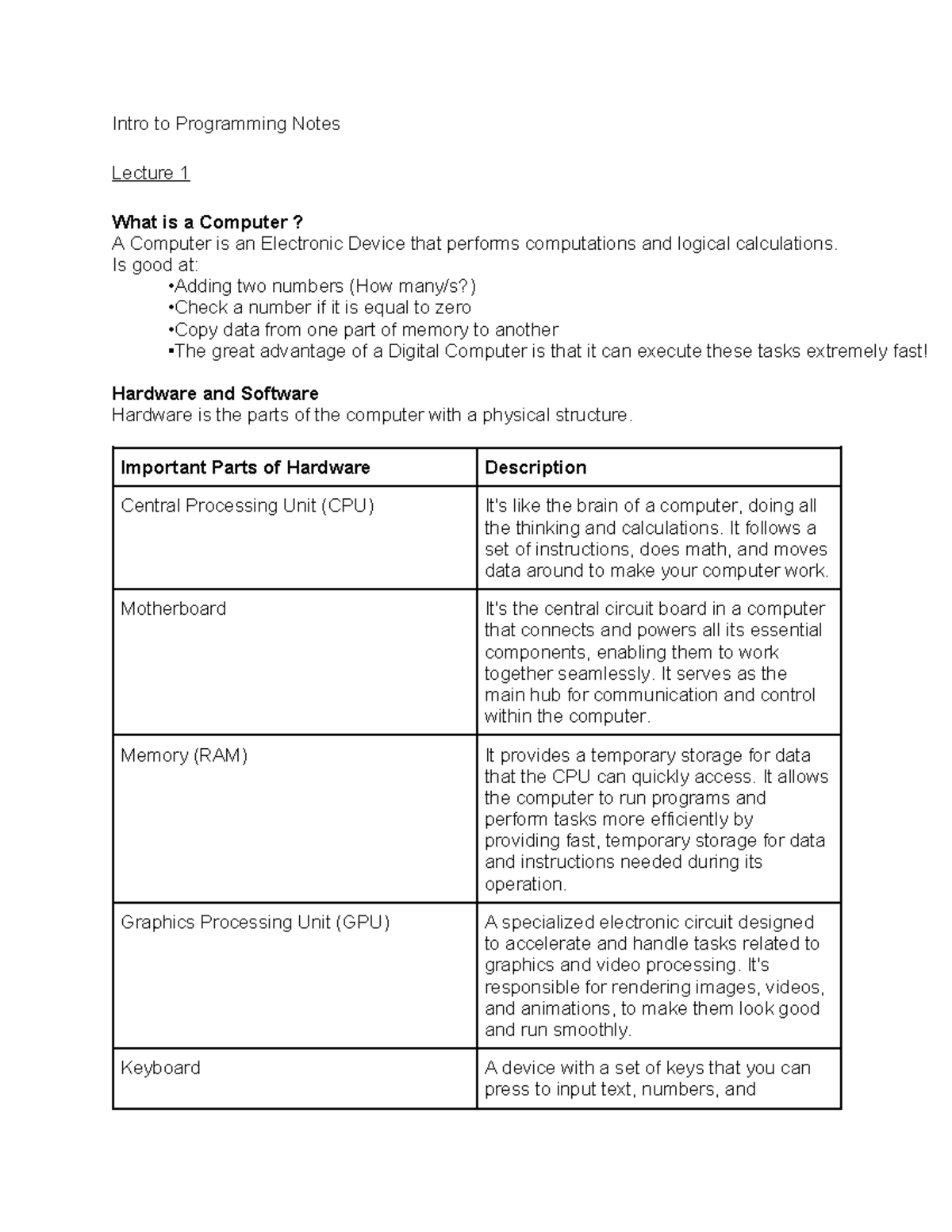 Programming Notes - Intro to Programming Notes Lecture 1 What is a ...