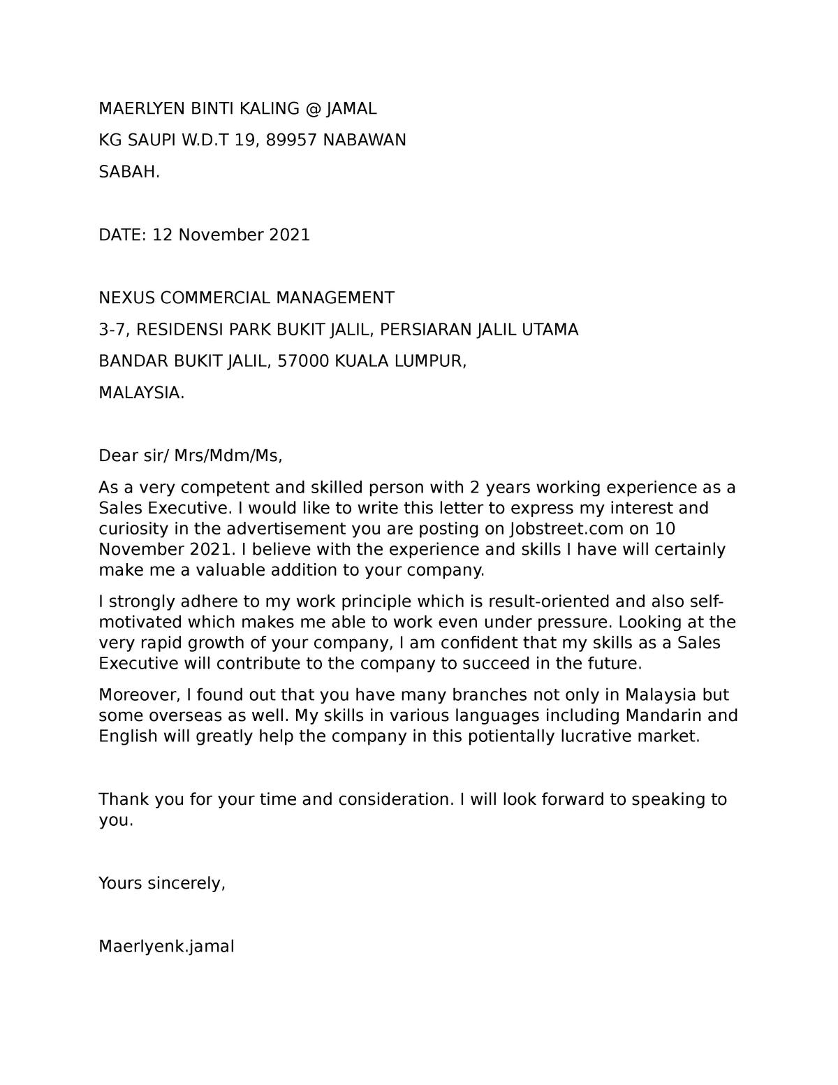 sample of application letter in swahili