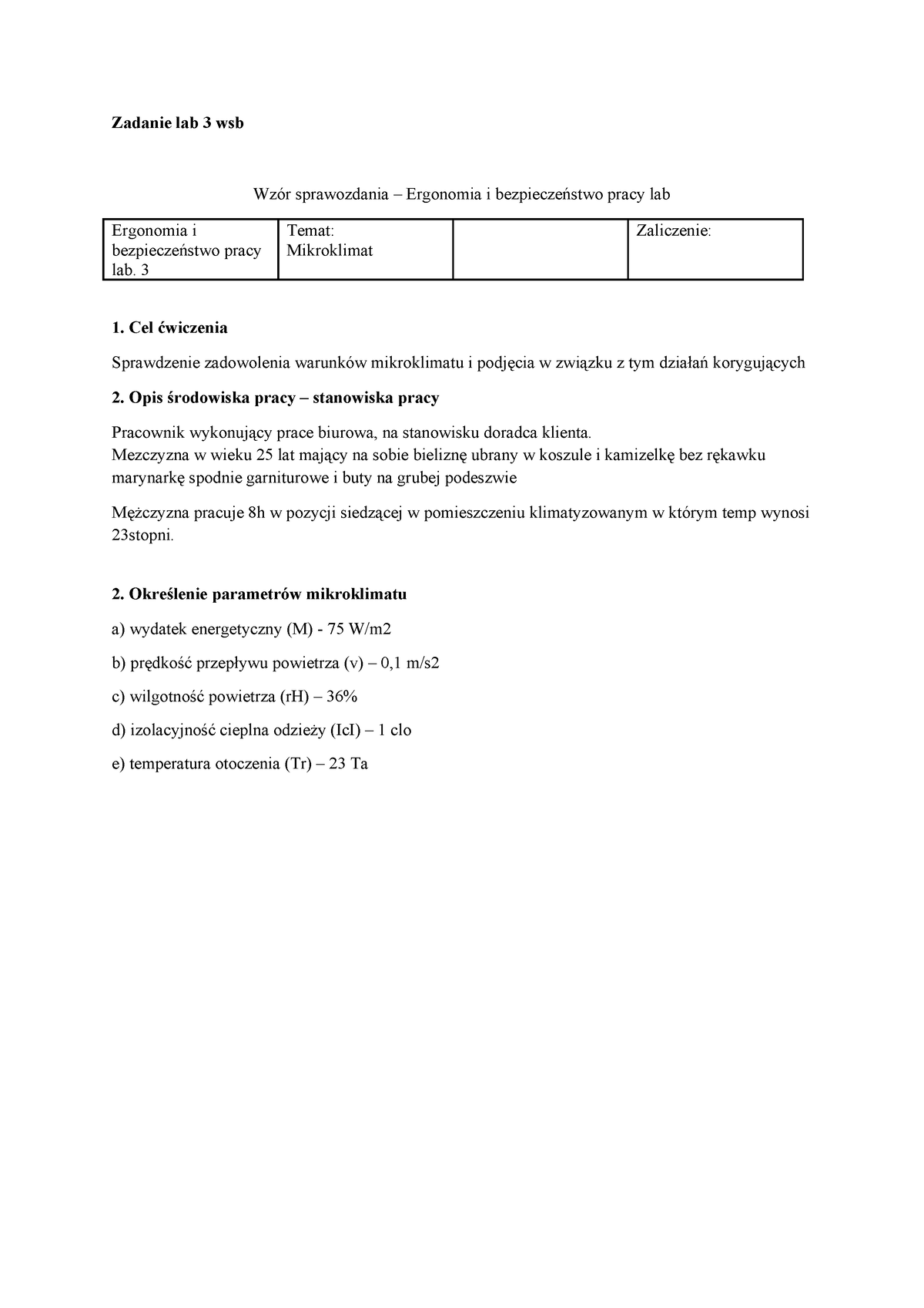 Ergonomia- LAB3 Mikroklimat - Zadanie Lab 3 Wsb Wzór Sprawozdania ...