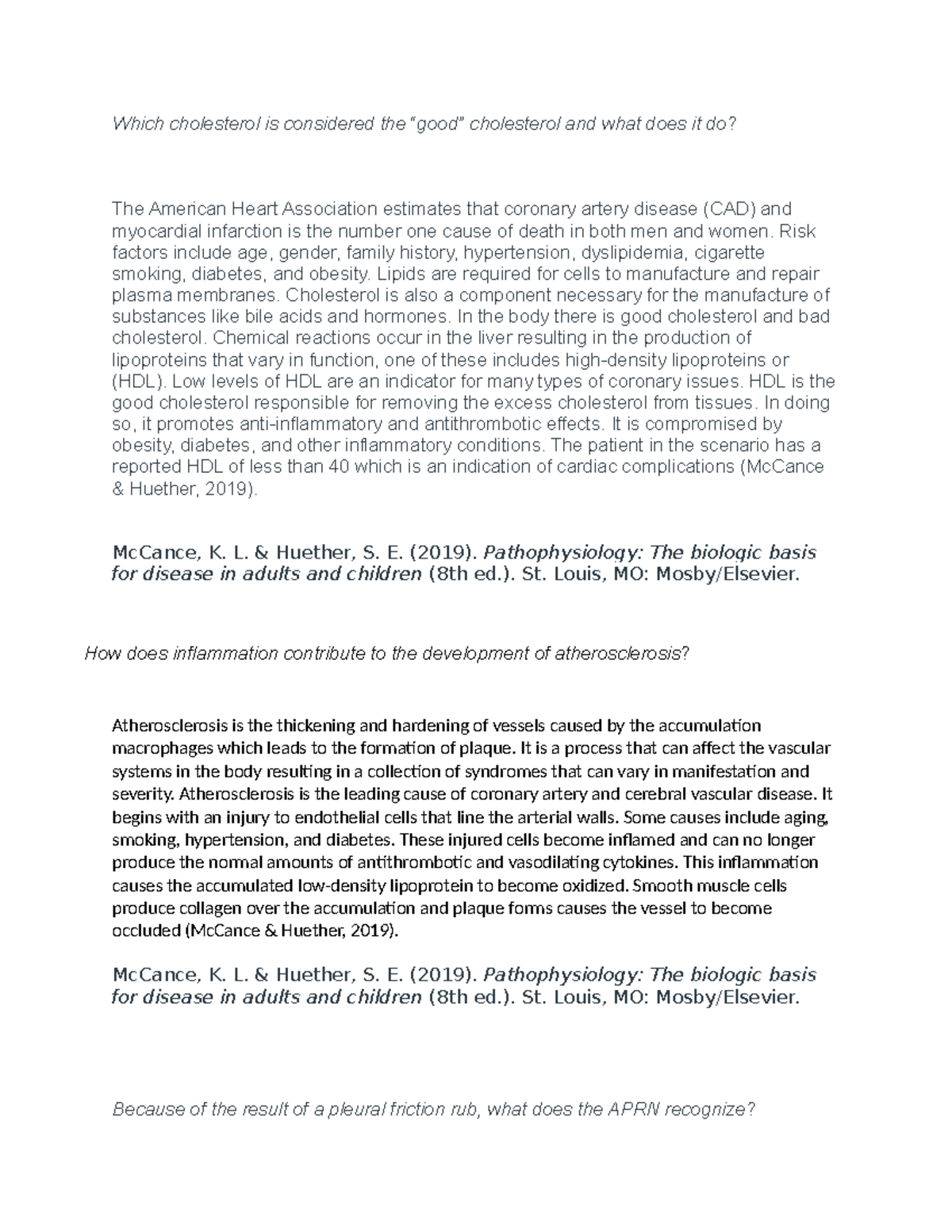 Patho quiz 1 Which cholesterol is considered the “good” cholesterol