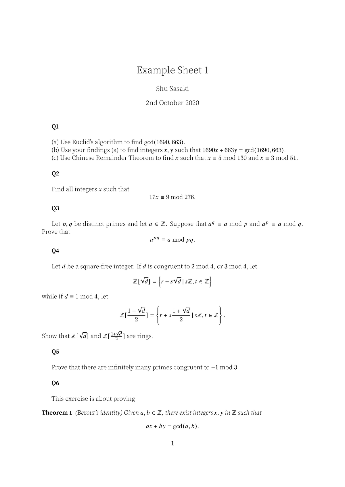 Number Theory Example Sheet 1 Studocu