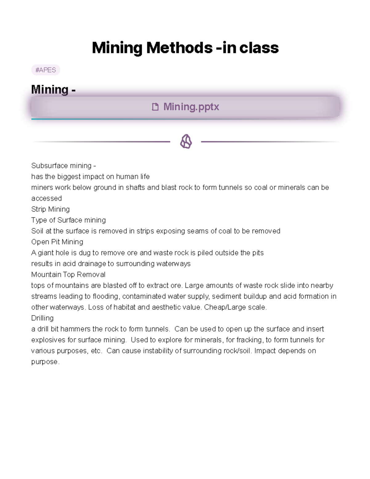 Mining Methods in class Mining Methods in class APES Mining