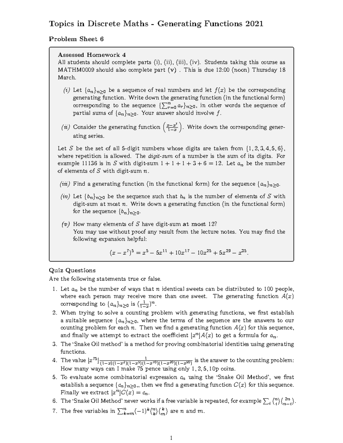 Topics in Discrete Mathematics Problem Sheet 6 - Topics in Discrete ...